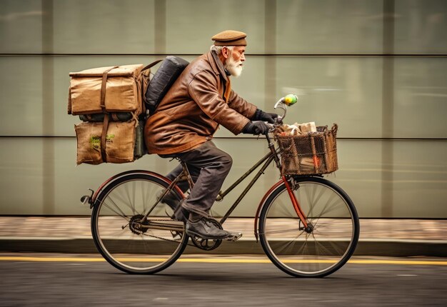 Foto el mensajero es un hombre que entrega bicicletas con una caja de paquetes.