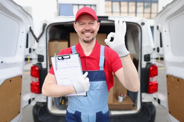 Mensajero hombre sonriente mostrando gesto ok en el fondo del camión con cajas de cartón