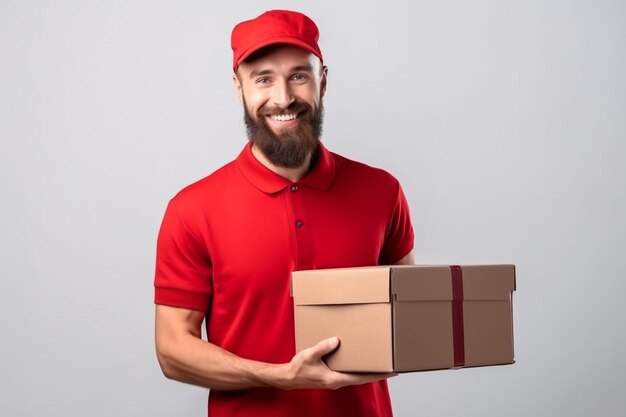 Mensajero joven con bolsa térmica en el espacio de fondo de color para texto Servicio de entrega de alimentos Repartidor con uniforme de camiseta roja trabaja como mensajero y sostiene concepto de servicio de mochila térmica roja