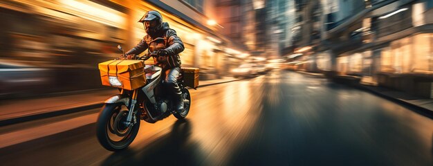 El mensajero monta una motocicleta a alta velocidad con espacio de copia de desenfocamiento de movimiento creado con tecnología Generative Ai