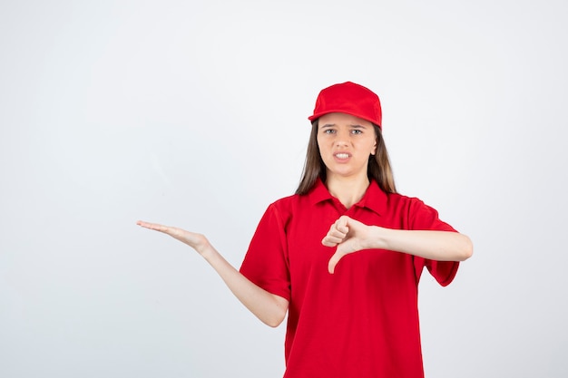 mensajero mujer joven en uniforme rojo dando pulgares hacia abajo.