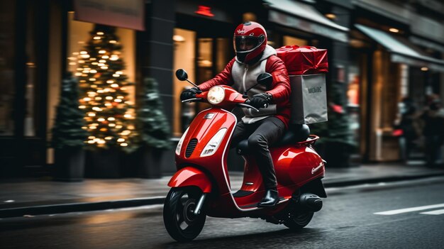 Mensajero con traje rojo en scooter entregando cajas de paquetes al cliente