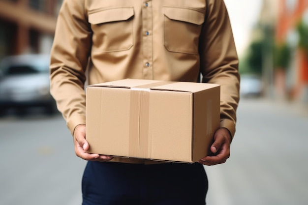 Foto mensajero uniformado del servicio de entrega tiene una caja de cartón en sus manos