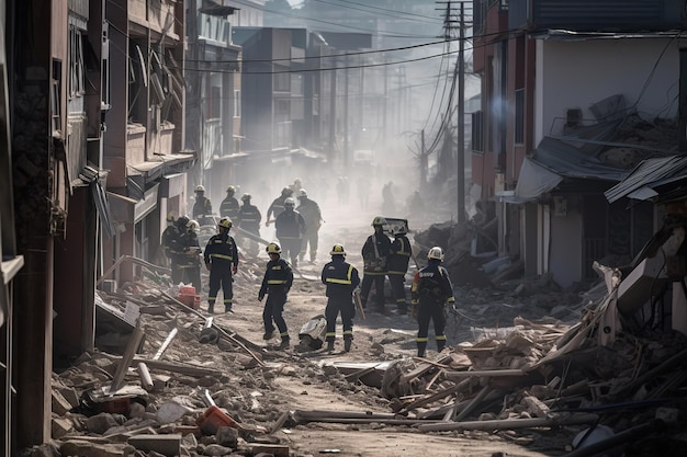 Foto mensavior quitando pedazos de edificio roto después del terremoto generativo ai