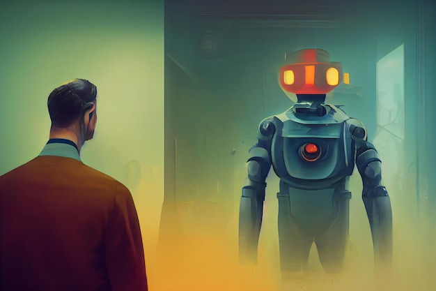 Mensch, der Roboter mit natürlichen und künstlichen Intelligenzbeziehungen betrachtet, Konzept neuronales Netzwerk generierte Kunst