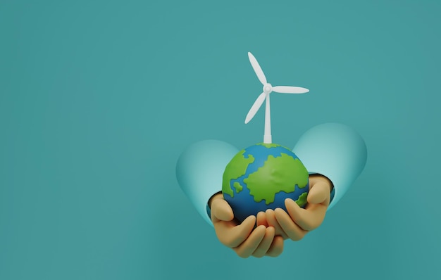 Mensch hält Erde mit Energie-Windkraftanlage auf blauem Hintergrund