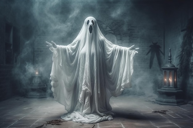 Mensch im gruseligen Geisterkostüm fliegt nachts im alten Haus oder Wald zu Halloween-Konzept