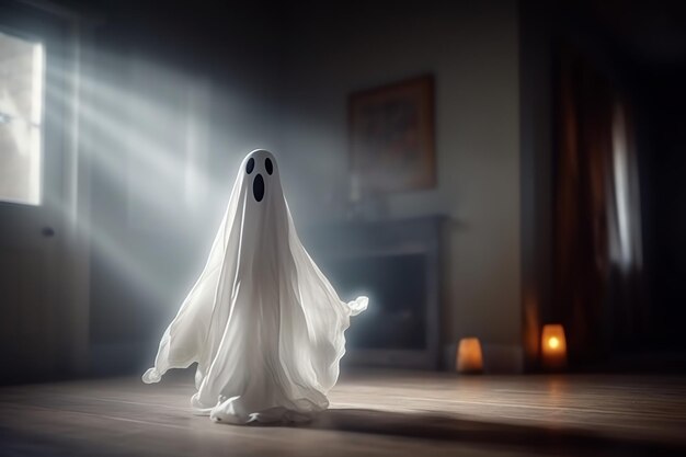 Foto mensch im gruseligen geisterkostüm fliegt nachts im alten haus oder wald zu halloween-konzept