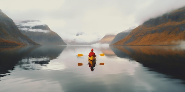 Mensch Natur Wasser Wandern wunderschöner gelber See Rücken Kap Reisen Berg Generative KI