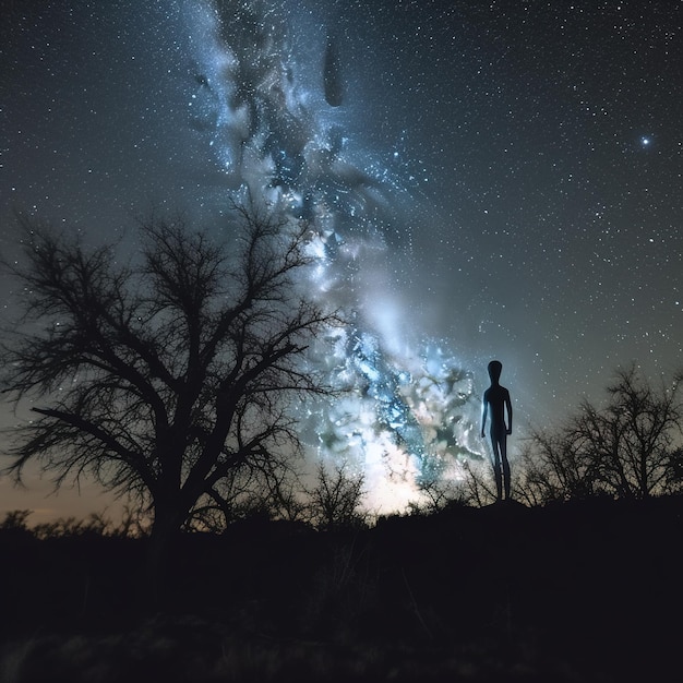 Foto mensch neben einem baum und einer galaxie im hintergrund