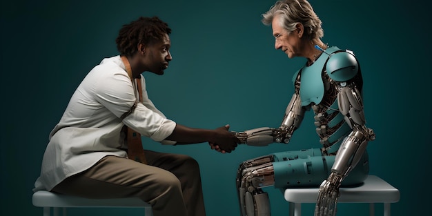 Mensch-Roboter-Interaktion Handschlag zwischen Mensch und Android Moderne Technologie trifft menschliche Berührung Vertrauen in künstliche Intelligenz KI