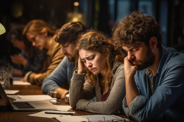 Menschen an einem Schreibtisch arbeiten zusammen mit emotionalen Gesichtern