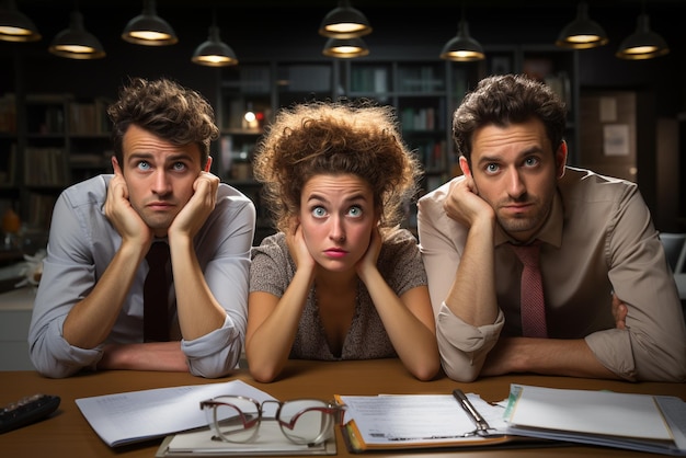 Foto menschen an einem schreibtisch arbeiten zusammen mit emotionalen gesichtern