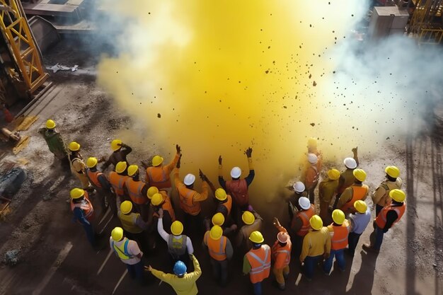 Menschen auf einer Baustelle in Gelb feiern ein Fest