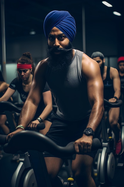 Menschen auf stationären Fahrrädern in einem Fitnessstudio