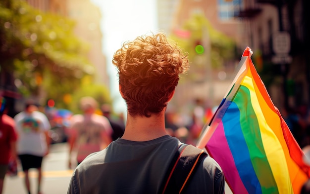 Menschen bei der Pride-Parade mit Regenbogenfahnen LGBTQ-Feiermarsch