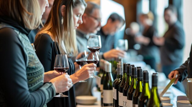 Menschen bei einer Weinprobenveranstaltung halten und wirbeln ihre Gläser mit Rotwein, während sie auf die Flaschen auf dem Tisch schauen