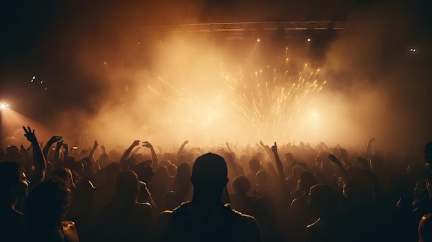 Menschen beim Musikkonzert-Festival. Begeistertes Publikum, das Konfetti-Feuerwerk beobachtet und Spaß am Festival hat