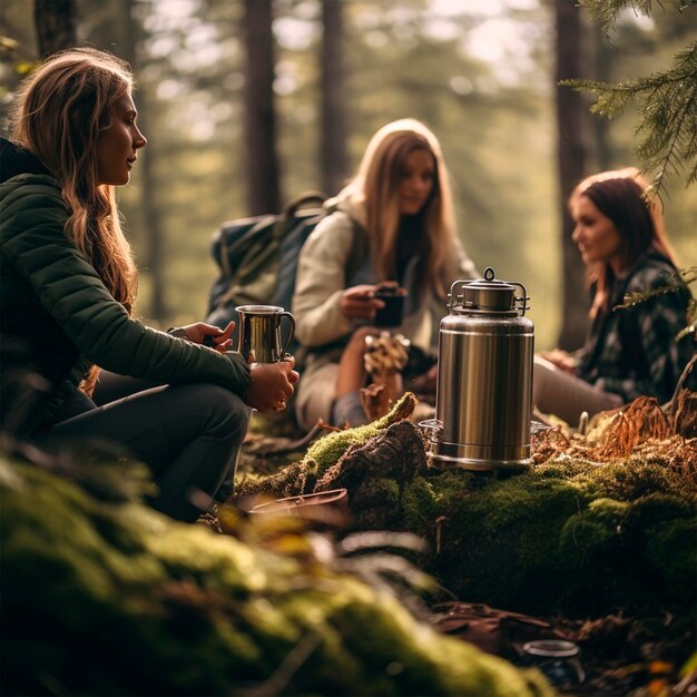 Menschen benutzen eine Thermoskanne mit Tee in der Natur, umweltfreundliches Foto