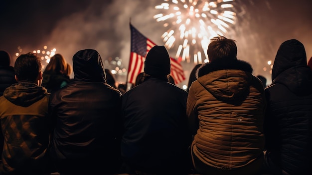 Menschen beobachten Feuerwerk mit einer Flagge im Hintergrund