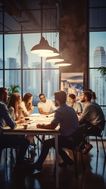 Menschen brainstormen an einem großen Schreibtisch im Büro