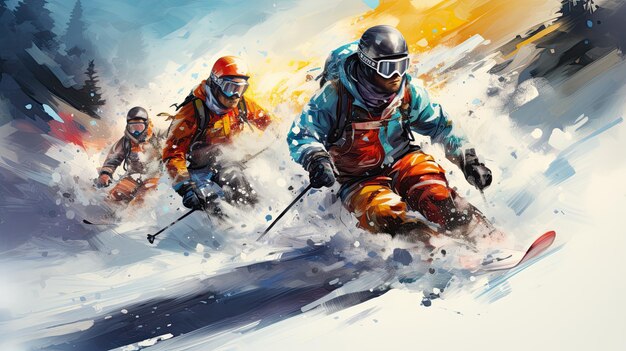 Menschen, die auf den verschneiten Hängen der Berge Freestyle-Ski fahren Banner Illustration in hoher Qualität