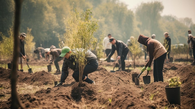 Menschen, die Bäume pflanzen oder im Gemeinschaftsgarten arbeiten, fördern die lokale Nahrungsmittelproduktion und das Konzept der Wiederherstellung von Lebensräumen mit generativer KI für Nachhaltigkeit und gemeinschaftliches Engagement