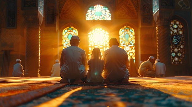 Menschen, die bei Sonnenuntergang in einer Moschee beten