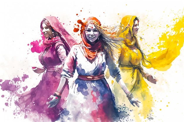 Menschen, die das Holi-Fest feiern, Aquarellillustration