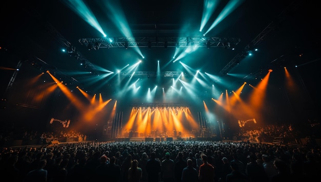 Menschen, die das Konzert auf der Bühne beobachten Publikum, das mit gelbem Licht auf die Bühne blickt