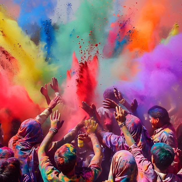 Foto menschen, die die holi-party genießen, das indische festspiel der farben holi-tanz-party-hintergrund