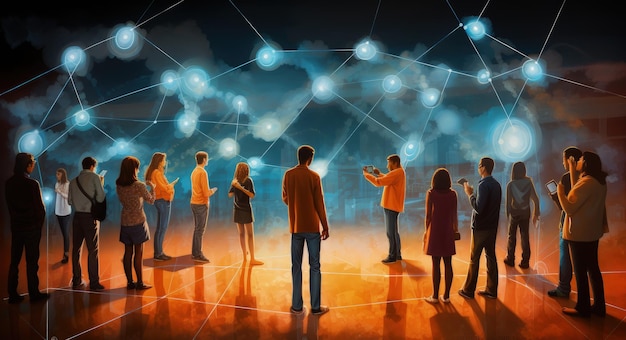 Menschen, die durch ein Netzwerk von Lichtern verbunden sind, Konzept der Globalisierung und Technologie Generative KI