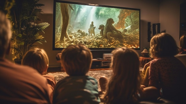 Menschen, die einen Film auf einer großen Leinwand im Wohnzimmer ansehen, generative KI