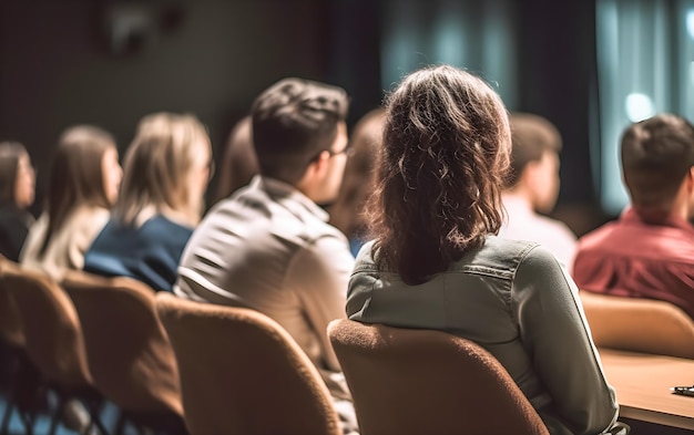 Menschen, die einer Konferenz in einem Besprechungsraum zuhören. Publikum aus Studenten oder Arbeitern. Generative KI