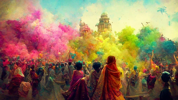 Foto menschen, die für das holi-fest der farbe im illustationsdesign nepals indien feiern
