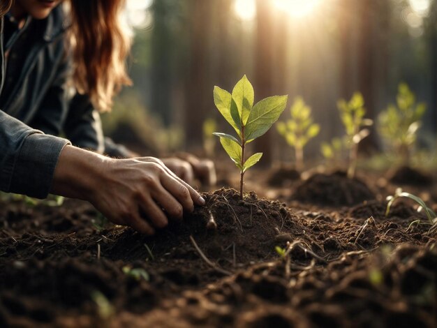 Menschen, die Gartenhandschuhe tragen, pflanzen junge Baumpflanzen in frisch gegrubenen Boden.