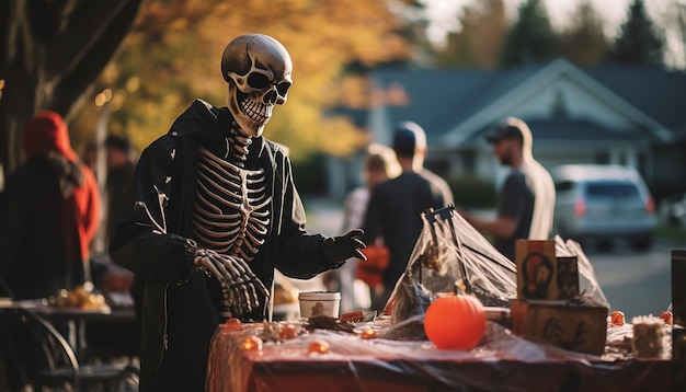 Menschen, die Halloween feiern, Nachbarschaftsfamilie