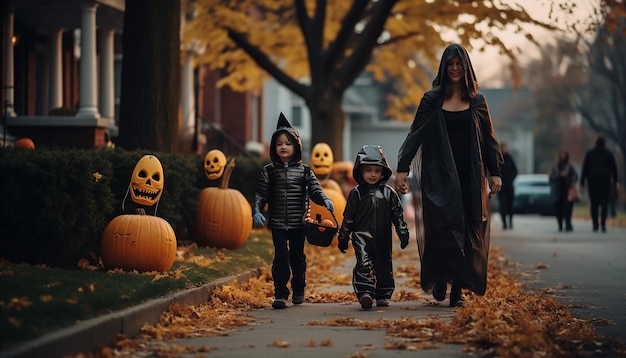 Menschen, die Halloween feiern, Nachbarschaftsfamilie