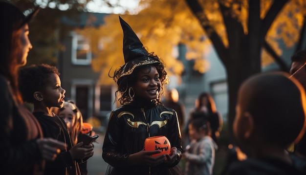 Menschen, die Halloween feiern, Nachbarschaftsfamilie