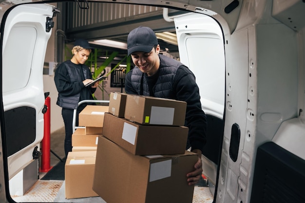 Menschen, die im Bus arbeiten