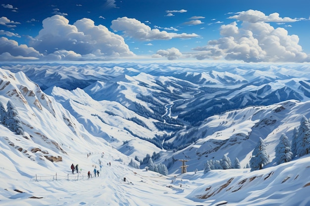 Menschen, die in den Bergen Ski fahren und Winterferien verbringen
