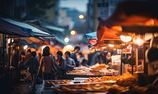 Menschen, die in der Nacht auf dem Markt einkaufen, kostenlos, unscharf, Hintergrund verschwommen, generative KI