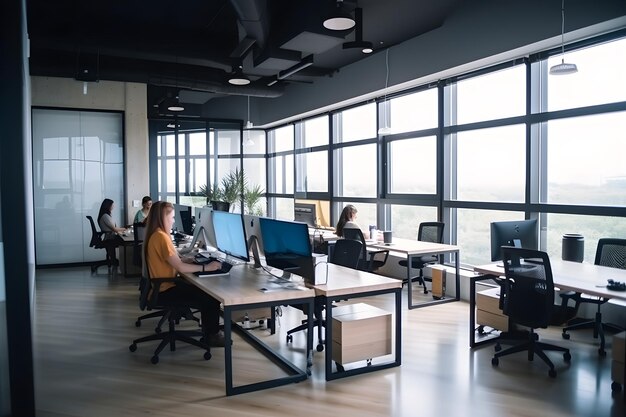 Menschen, die in einem Büro mit einem großen Fenster dahinter arbeiten