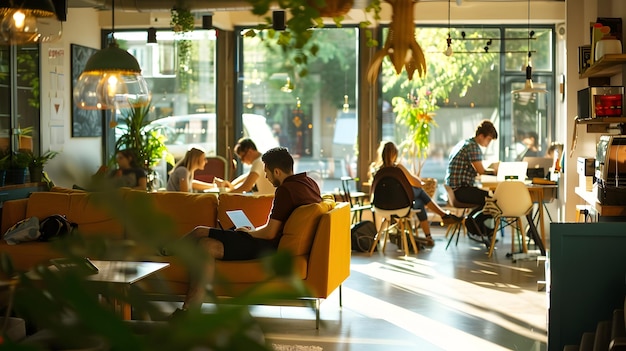 Menschen, die in einem sunlit Open Space Coffee Shop arbeiten, um ein Gefühl von Produktivität und Kreativität in einem bequemen gemeinsamen Arbeitsraum zu vermitteln