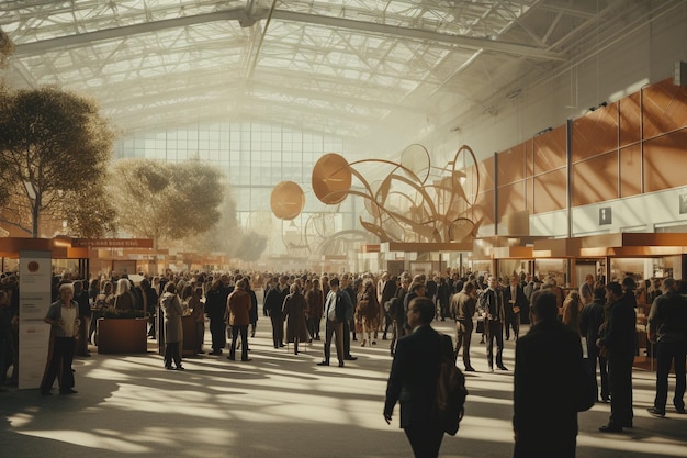 Menschen, die in einer Ausstellungshalle in der Art fotorealistischer Landschaften zusammengetrieben sind