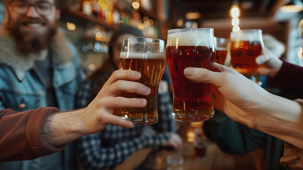 Menschen, die in einer Kneipe mit Bier toasten