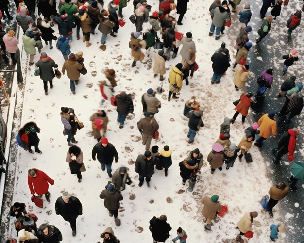 Menschen, die in einer Stadt im Schnee spazieren gehen