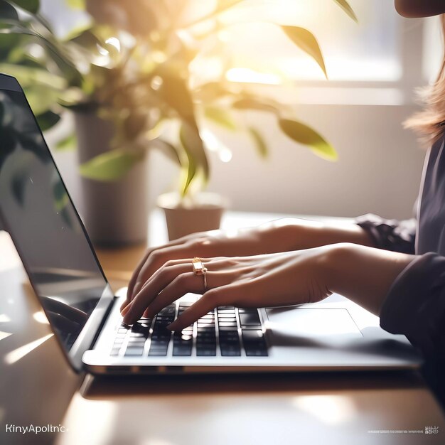 Menschen, die mit der Hand auf einer Laptop-Tastatur tippen, blauer Morgenhintergrund Geschäftskonzeptbild