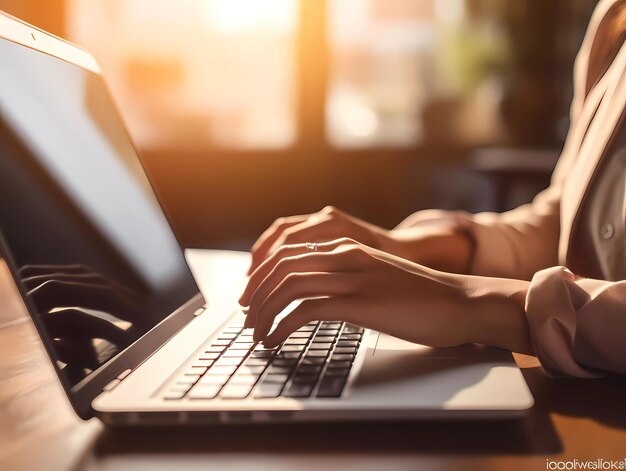 Menschen, die mit der Hand auf einer Laptop-Tastatur tippen, blauer Morgenhintergrund Geschäftskonzeptbild