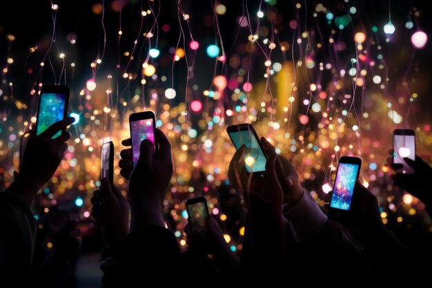 Foto menschen, die mit ihren handys bilder von einer lichtinstallation machen